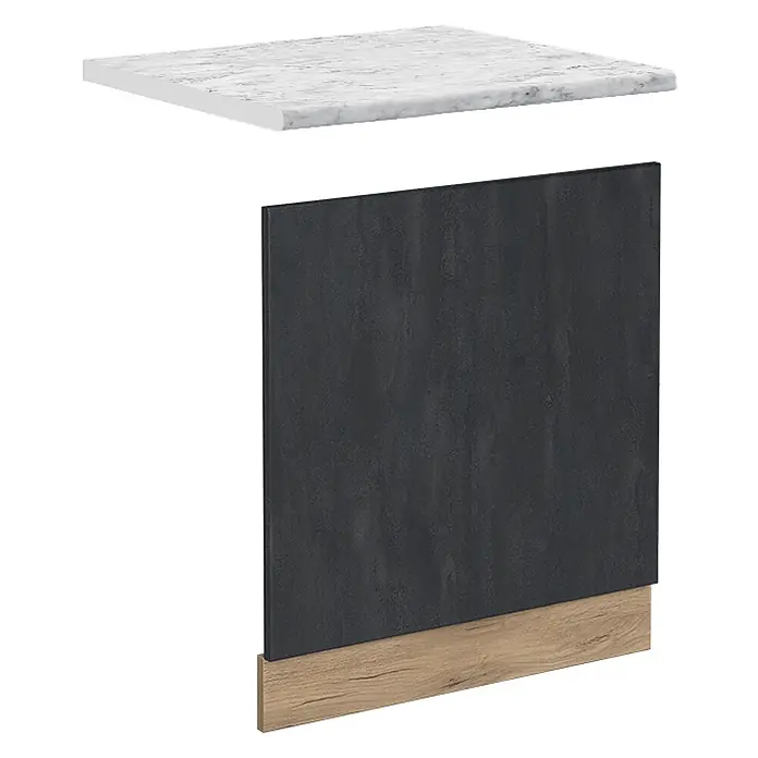 Vicco Frontblende R-Line, Schwarz Beton, 60 cm -  - Weiße Arbeitsplatte in Marmoroptik, dunkelgraue Schranktür und helles Holzdekor-Sockel. Küchenschrankelemente.
