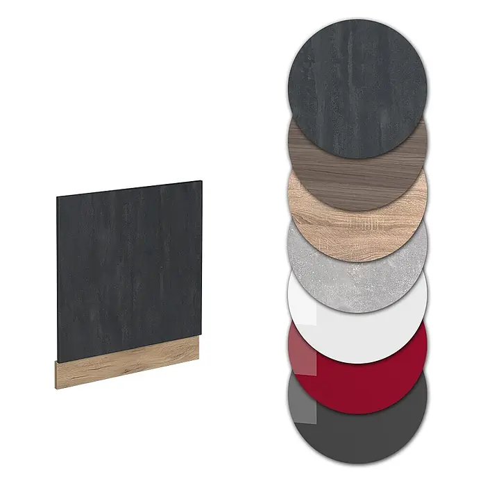 Vicco Frontblende R-Line, Schwarz Beton, 60 cm -  - Anthrazitfarbene Dekorplatte mit heller Holzleiste und verschiedenen runden Materialmustern.