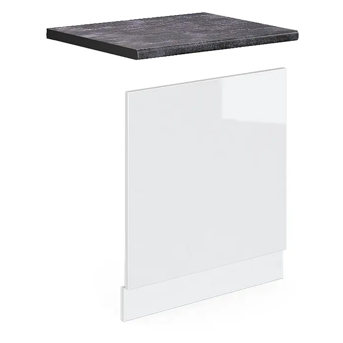 Vicco Frontblende R-Line, Weiß Hochglanz, 60 cm -  - Dunkle Arbeitsplatte und weiße Hochglanz-Schrankfront mit Sockelleiste.