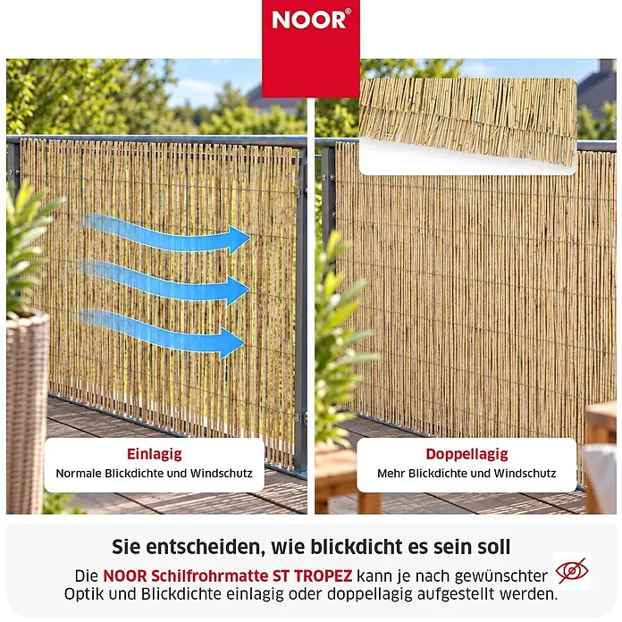 NOOR Sichtschutz Schilfrohrmatte ST.TROPEZ - Natur - 100x300 cm - Natur-Schilfrohrmatte für Balkongeländer: einlagig für normalen Sicht-/Windschutz, doppellagig für mehr Sicht-/Windschutz.