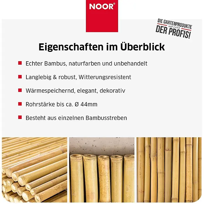 NOOR Sichtschutz Bambusmatte DELUXE - Natur - 100x250 cm - Echte, unbehandelte Bambusstäbe in Naturfarbe, robust und dekorativ, mit bis zu 44mm Durchmesser.