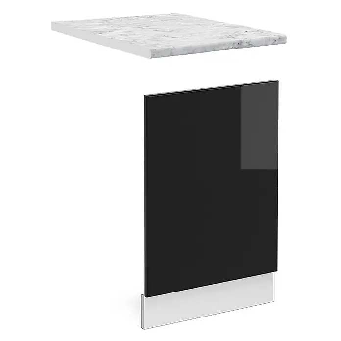 Vicco Frontblende R-Line, Schwarz Hochglanz, 45 cm -  - Weiße Marmor-Arbeitsplatte und schwarze Hochglanz-Schranktür mit weißem Sockel, als Küchenschrank-Komponenten.