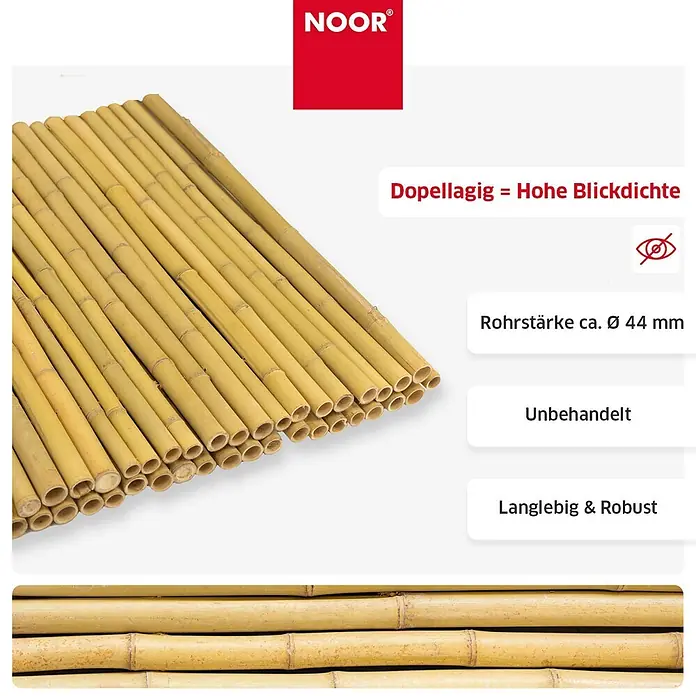 NOOR Sichtschutz Bambusmatte DELUXE - Natur - 100x250 cm - Gestapelte natürliche Bambusrohre mit ca. 44 mm Durchmesser, ideal für blickdichte Sichtschutzwände.
