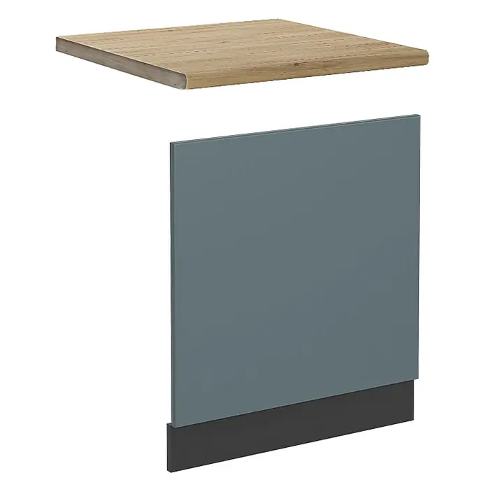 Vicco Frontblende R-Line, Blau-Grau, 60 cm -  - Arbeitsplatte in Holzoptik mit grauer Schranktür und dunklem Sockel.