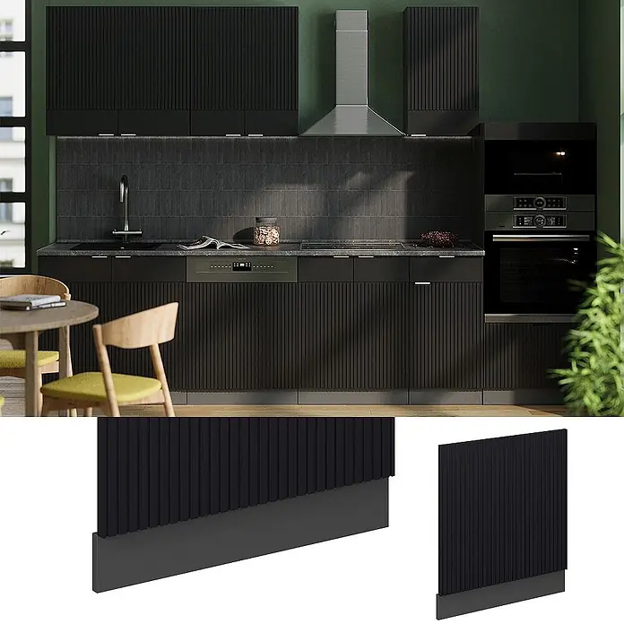 Vicco Frontblende Fame-Line, Schwarz gestreift, 60 cm -  - Mattschwarze, geriffelte Küchenschranktüren und Sockel in einer modernen Küche, die ihr strukturiertes Design und elegantes Aussehen präsentieren.