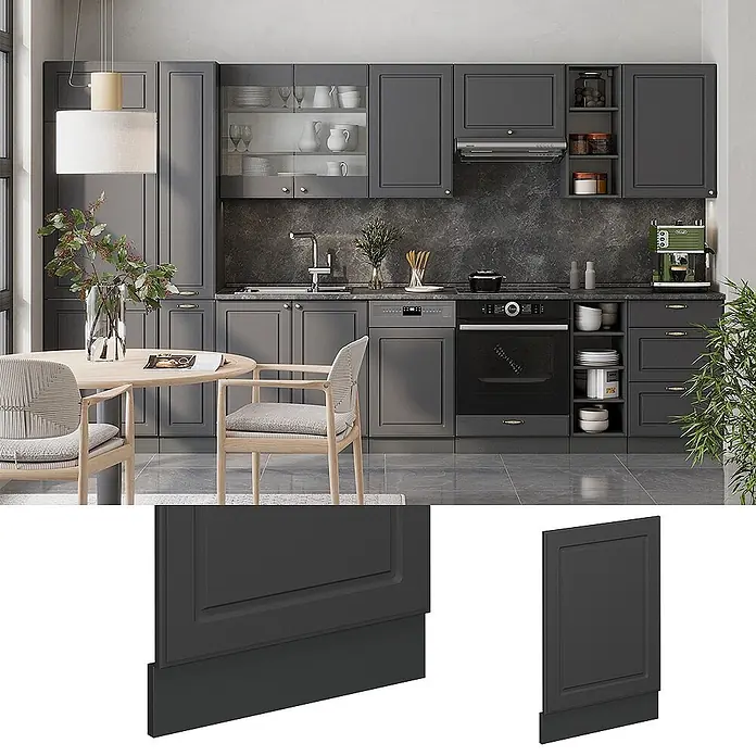 Vicco Frontblende Fame-Line, Anthrazit-Gold Landhaus, 45 cm -  - Dunkelgraue Küchenschranktür mit Paneeldetails und integrierter Sockelleiste, in einer modernen Küche.