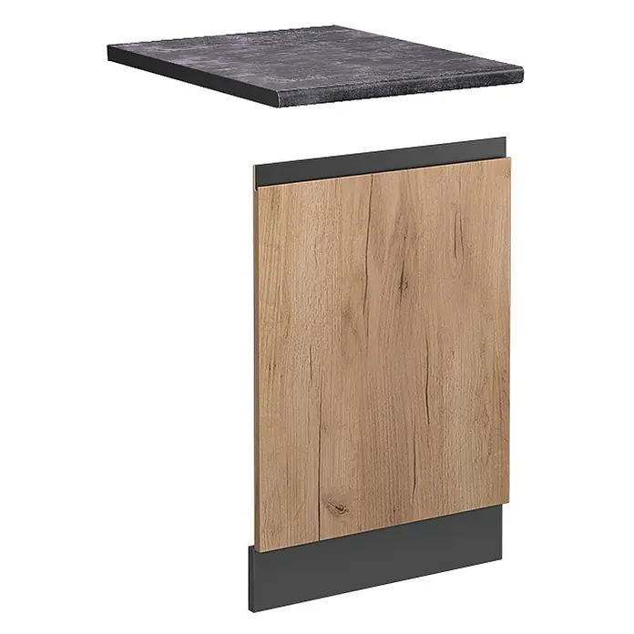 Vicco Frontblende R-Line, Goldkraft Eiche, 45 cm -  - Küchenfront in heller Holzoptik mit dunkelgrauen Akzenten und passender dunkelgrauer Arbeitsplatte.