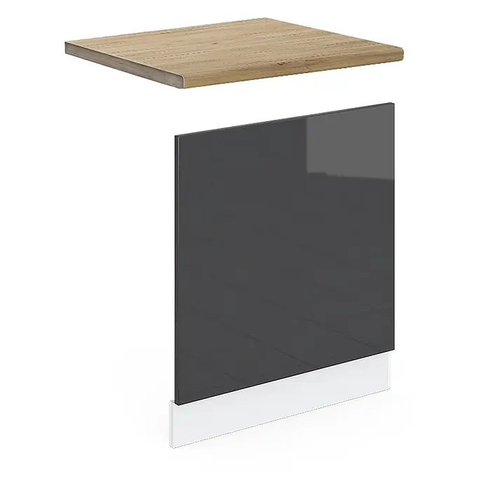 Vicco Frontblende R-Line, Anthrazit Hochglanz, 60 cm -  - Hölzerne obere Platte und dunkelgraue glänzende Schrankfront mit weißem Sockel.