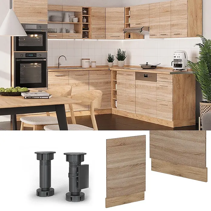 Vicco Frontblende R-Line, Sonoma, 45 cm -  - Moderne helle Küche in Holzoptik mit schwarzen, verstellbaren Möbelfüßen und passenden Sockelleisten.