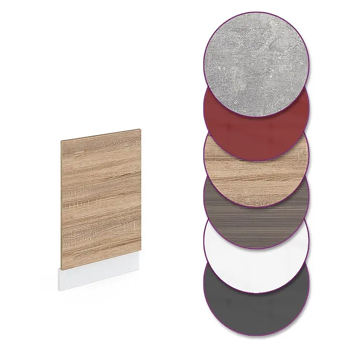 Frontblende R-Line 45 cm Sonoma Art.-Nr. 29608 -  - Platte mit Holzmaserung und weißem Sockel, zusammen mit sechs Materialmustern in verschiedenen Farben und Texturen.