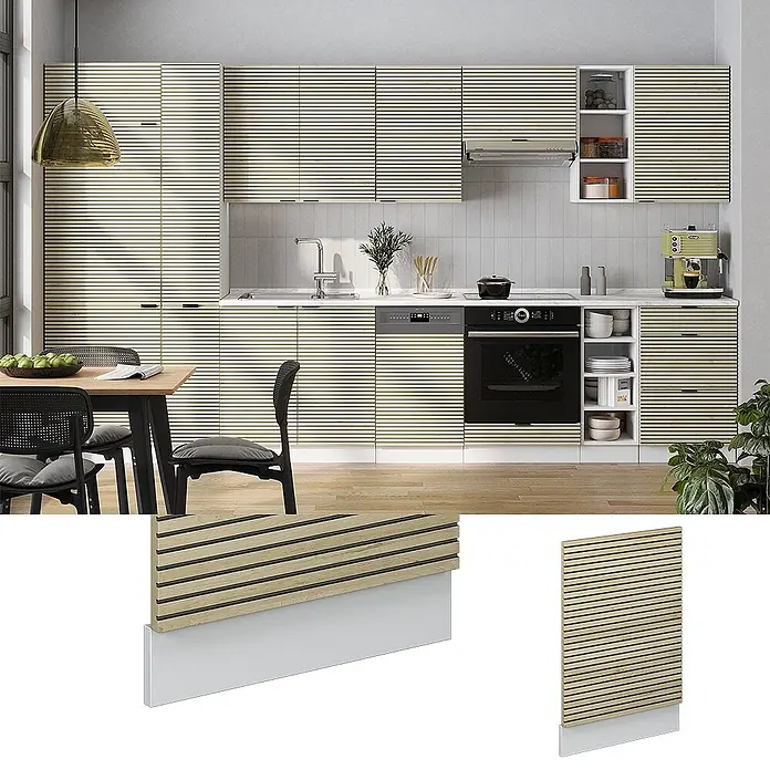 Vicco Frontblende Fame-Line, Eiche Paneel, 45 cm -  - Helle Holzfronten mit schwarzem Lamellendesign für moderne Küchenschränke, in einer Küche dargestellt.