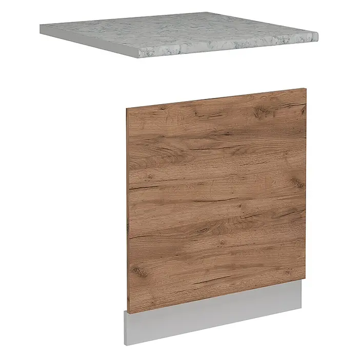 Vicco Frontblende R-Line, Goldkraft Eiche, 60 cm -  - Gemusterte hellgraue Arbeitsplatte mit brauner Holzmaserung-Schranktür und hellgrauer Sockelblende.