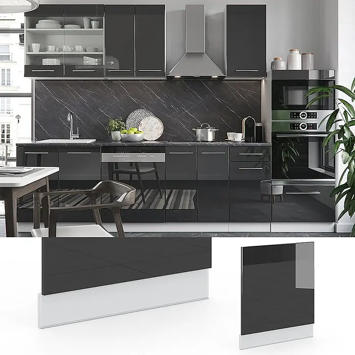 Vicco Frontblende Fame-Line, Anthrazit Hochglanz, 60 cm -  - Hochglänzende dunkelgraue Küchenfronten mit integrierten weiß/silbernen Griffprofilen, in einer modernen Küche.