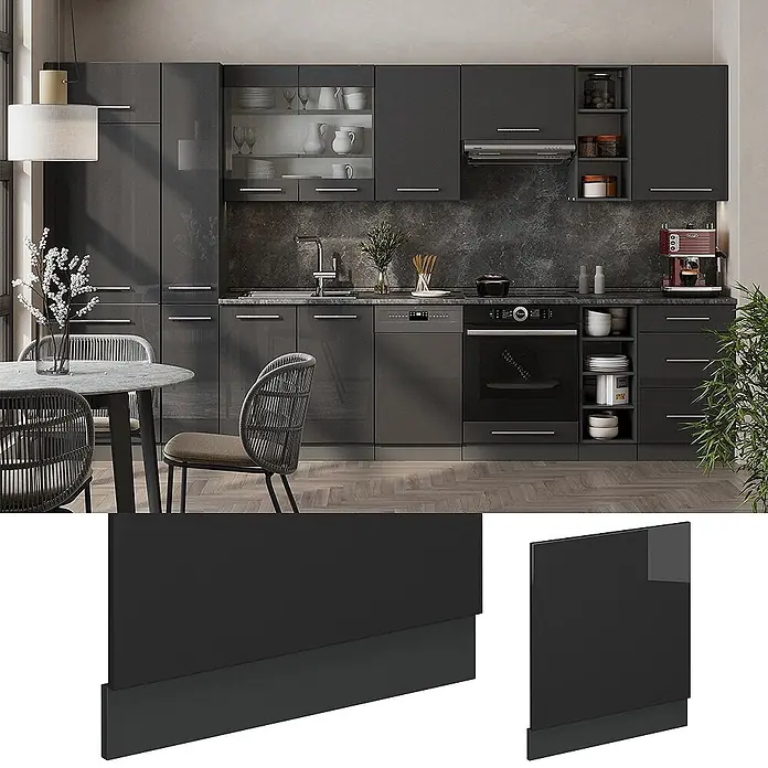 Vicco Frontblende Fame-Line, Anthrazit Hochglanz, 60 cm -  - Moderne dunkelgraue Hochglanz-Küchenschränke mit integrierten Geräten und Essbereich.