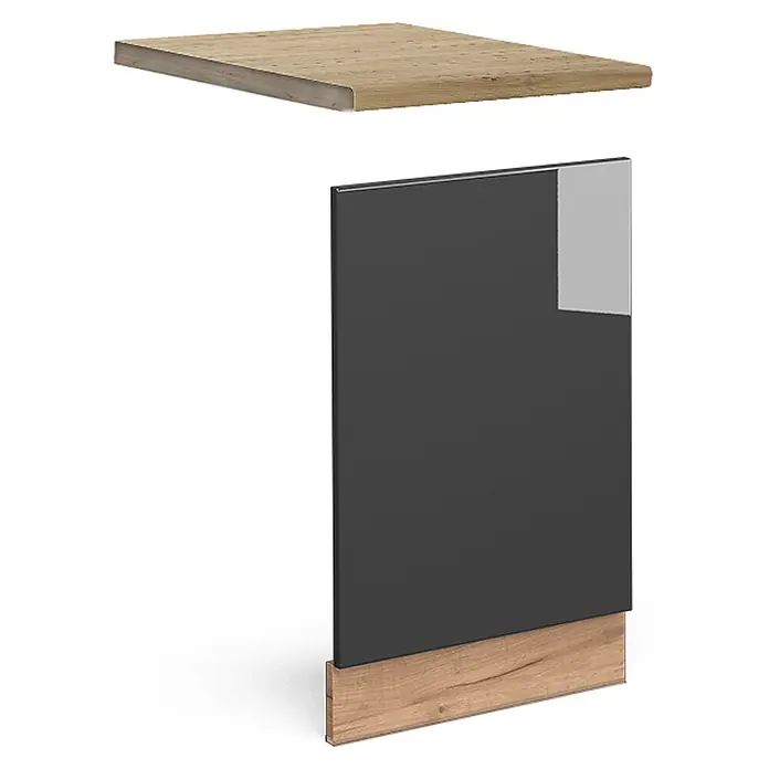 Vicco Frontblende Fame-Line, Anthrazit Hochglanz, 45 cm -  - Arbeitsplatte in heller Holzoptik und dunkelgraue Schranktür mit integriertem Griff und Holzsockel.