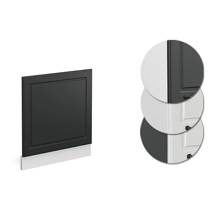 Vicco Frontblende R-Line, Anthrazit Landhaus, 60 cm -  - Dunkelgraue Schranktürplatte mit vertiefter Verkleidung, gezeigt mit Mustern in Hellgrau und weißer Holzmaserung.