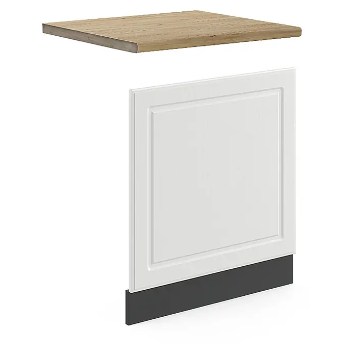 Vicco Frontblende R-Line, Weiß Landhaus, 60 cm -  - Helle Holz-Arbeitsplatte über einer weißen Schranktür mit dunklem Sockel.