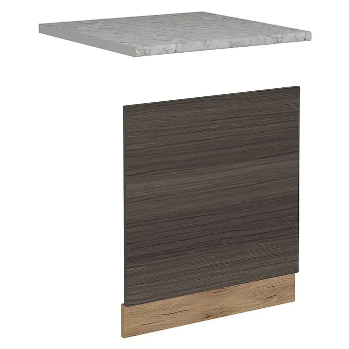 Vicco Frontblende R-Line, Edelgrau, 60 cm -  - Helle Marmor-Arbeitsplatte mit dunkler Holzmaserungsfront und heller Holzsockelblende.