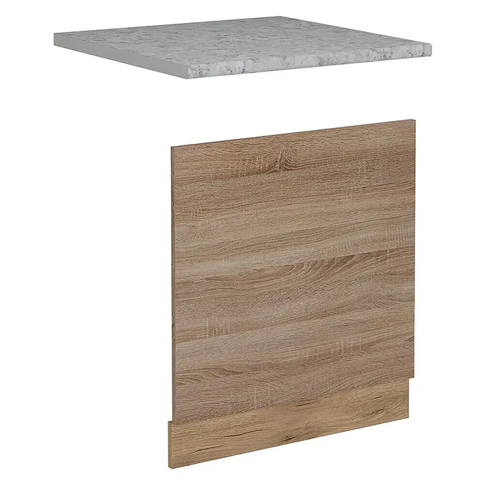 Vicco Frontblende R-Line, Sonoma, 60 cm -  - Helle grau-marmorierte Arbeitsplatte und helles Holzdekor-Schrankpaneel.