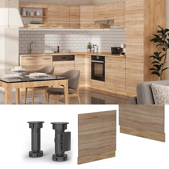 Vicco Frontblende R-Line, Sonoma, 60 cm -  - Moderne Küche mit hellen Holzschränken und Geräten, ausgestattet mit verstellbaren dunkelgrauen Beinen und passenden Holzsockeln.