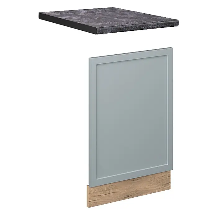 Vicco Frontblende Fame-Line, Hellblau-grau, 45 cm -  - Set aus Küchenschrankkomponenten: dunkle Arbeitsplatte, hellgraue Shaker-Tür und Holzdekor-Sockel.