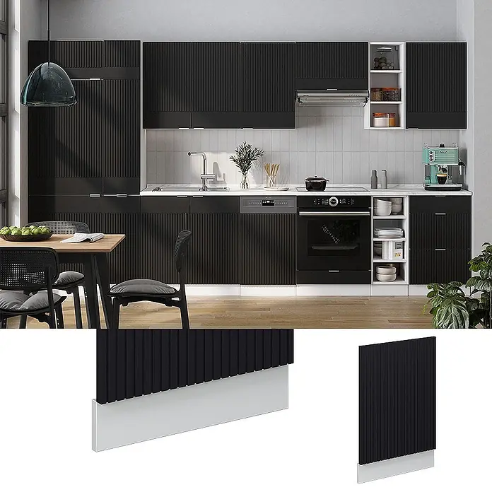 Vicco Frontblende Fame-Line, Schwarz gestreift, 45 cm -  - Moderne schwarze gerippte Küchenschränke mit weißen Arbeitsplatten und integrierten Geräten in einer eleganten Küche.