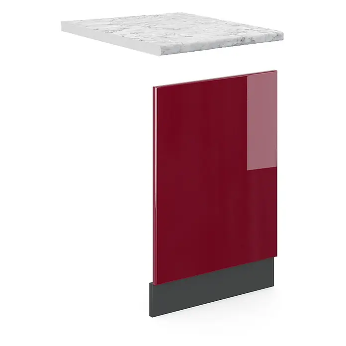 Vicco Frontblende R-Line, Rot, 45 cm -  - Weiße Arbeitsplatte mit Marmormuster über glänzender roter Schranktür und dunkelgrauem Sockel.