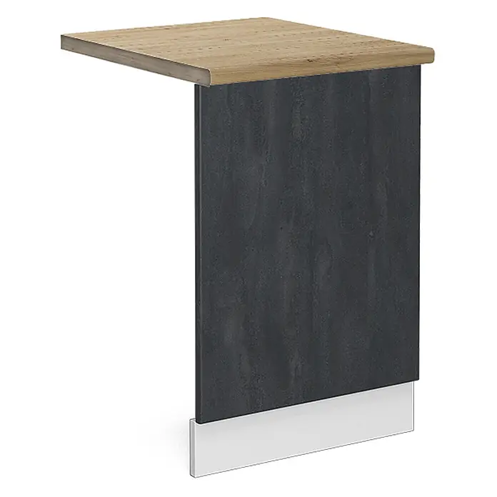 Frontblende R-Line 45 cm Schwarz Beton Art.-Nr. 47026 -  - Arbeitsplatte in Holzoptik mit dunkelgrauer strukturierter Seitenverkleidung und weißem Sockel.