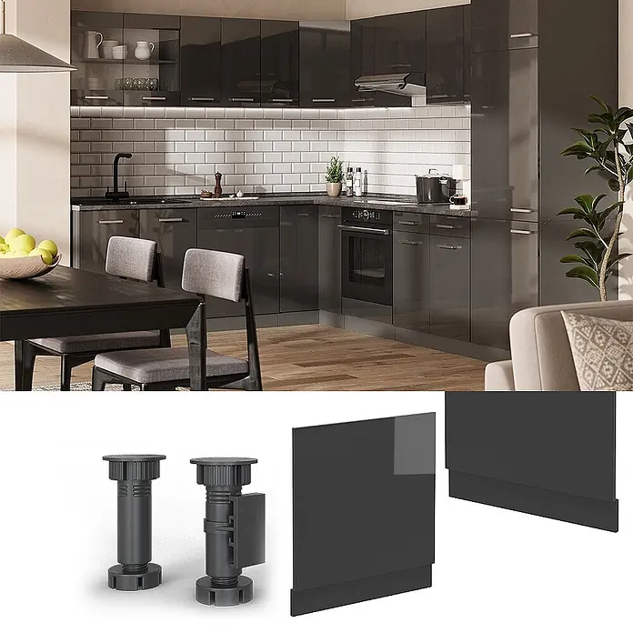 Vicco Frontblende R-Line, Anthrazit Hochglanz, 60 cm -  - L-förmige Küche mit dunkelgrauen Hochglanzschränken, verstellbaren Füßen und passenden Sockelleisten.
