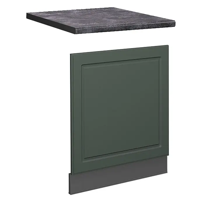 Vicco Frontblende Fame-Line, Grün-Gold Landhaus, 60 cm -  - Dunkelgraue Arbeitsplatte auf dunkelgrüner Schranktür mit Sockelleiste.