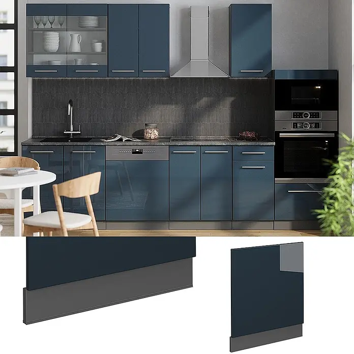 Vicco Frontblende Fame-Line, Dunkelblau Hochglanz, 60 cm -  - Blauer Hochglanz-Küchenunterschrank mit dunkelgrauem Sockel.