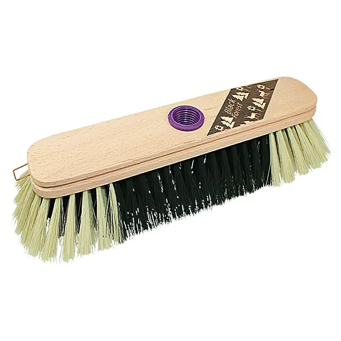 Black Forest Besen - Breite Besen: 27 cm, Haarmischung - Diese Abbildung zeigt eine Bürste mit Holzgriff und Borsten in Schwarz und Beige. Das "Black Forest"-Logo ist sichtbar.