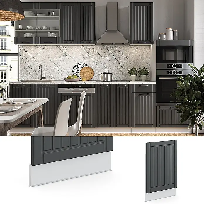 Vicco Frontblende Fame-Line, Anthrazit Landhaus, 45 cm -  - Dunkelgraue geriffelte Küchenschränke mit passendem Sockel in einer modernen Küchenumgebung.