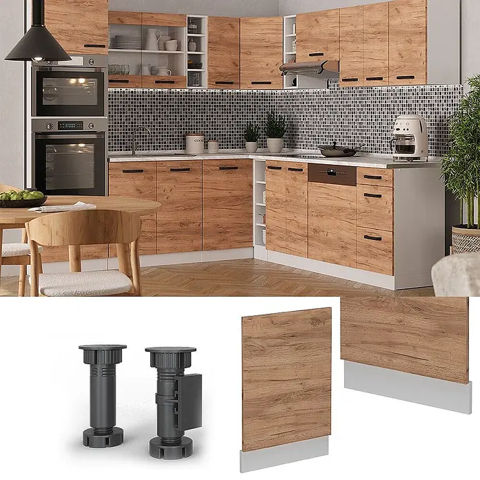 Vicco Frontblende R-Line, Goldkraft Eiche, 45 cm -  - Verstellbare Kunststofffüße für Küchenschränke, gezeigt mit einer Holzoptik-Sockelblende.