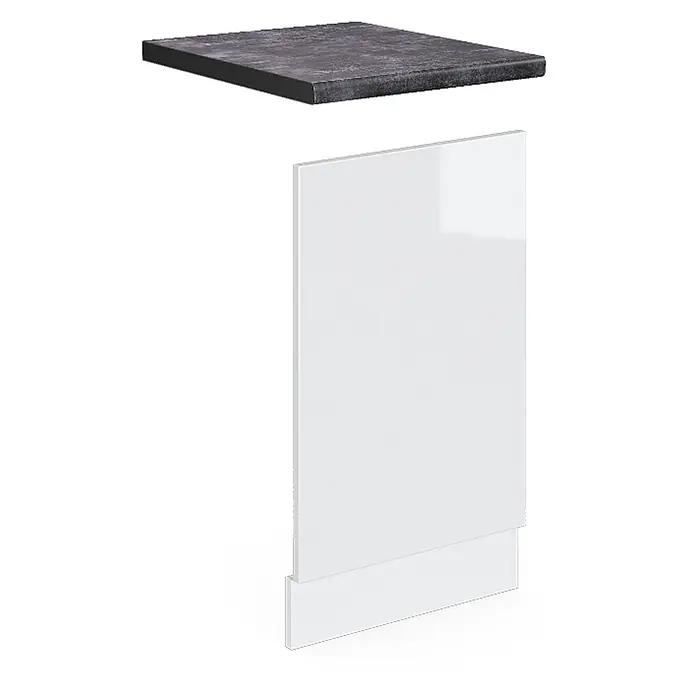 Frontblende R-Line 45 cm Weiß Hochglanz Art.-Nr. 46246 -  - Dunkelgraue Arbeitsplatte und glänzend weiße Möbelfront mit Sockelleiste. Modulare Möbelkomponenten.