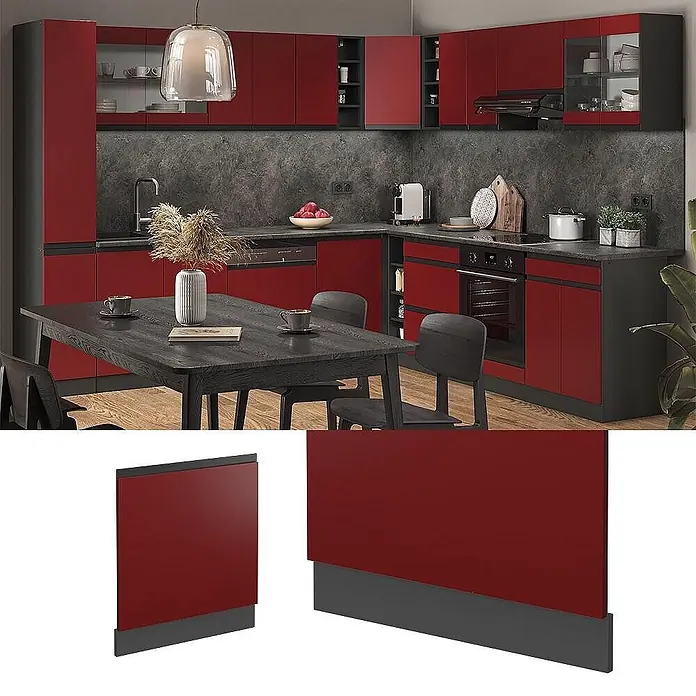Vicco Frontblende R-Line, Rot, 60 cm -  - Rote matte Küchenschranktüren mit dunkelgrauen Rahmen, integriert in eine moderne Kücheneinrichtung.