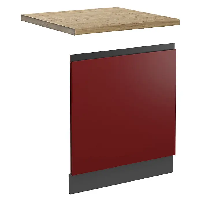 Vicco Frontblende R-Line, Rot, 60 cm -  - Regalbrett in heller Holzoptik über einer mattroten Schranktür mit dunkelgrauen oberen und unteren Zierleisten.