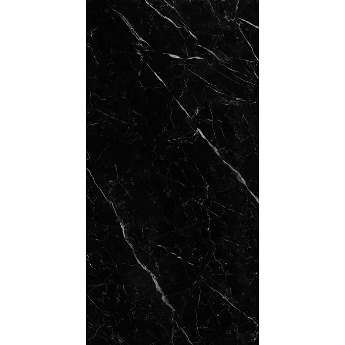 Feinsteinzeugfliese SAINT LAURENT – 60 x 120 cm, Marmoroptik, Brillant -  - Schwarze Marmorstruktur mit weißen und grauen Äderungen.
