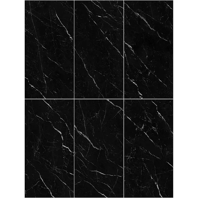 Feinsteinzeugfliese SAINT LAURENT – 60 x 120 cm, Marmoroptik, Brillant -  - Schwarze Marmorfliesen mit weißer Äderung.