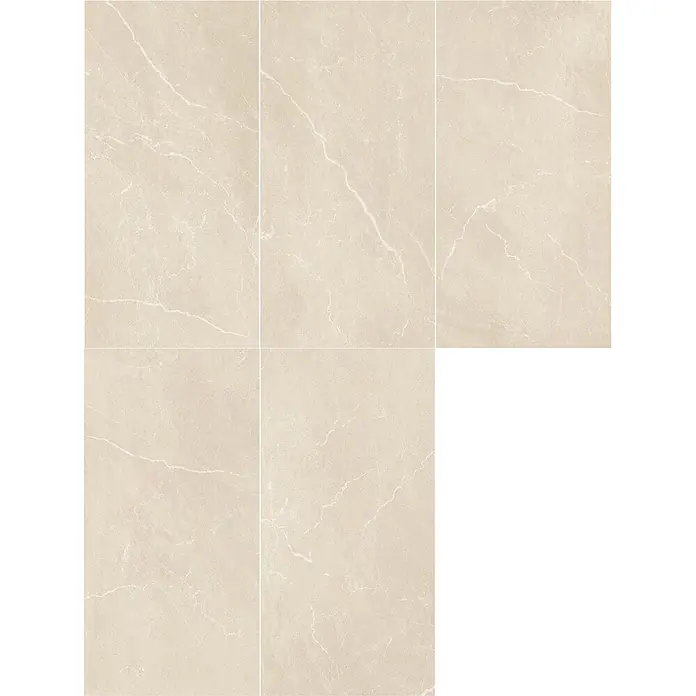 Feinsteinzeugfliese BODO BEIGE – 60 x 120 cm, Marmoroptik, Mat -  - Beige Porzellanfliesen mit Marmoreffekt und hellen weißen Äderungen, als große Oberfläche dargestellt.