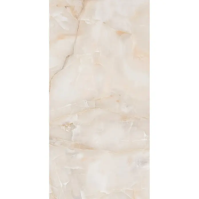 Feinsteinzeugfliese SUN ONYX – 60 x 120 cm, Onyx-/Marmoroptik, Glänzend -  - Helle beige Onyx-Marmorplatte mit durchscheinenden Adern für Oberflächen.