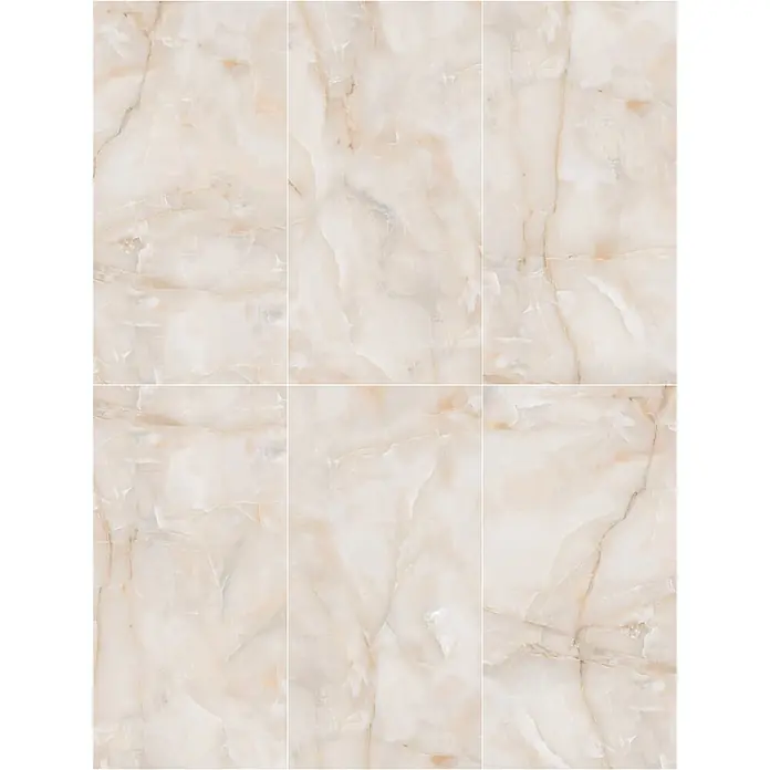 Feinsteinzeugfliese SUN ONYX – 60 x 120 cm, Onyx-/Marmoroptik, Glänzend -  - Sechs cremefarbene Fliesen in Marmoroptik mit natürlicher Maserung.