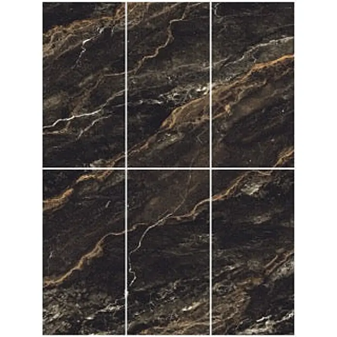 Feinsteinzeugfliese LYTHOS BLACK – 60 x 120 cm, Marmoroptik, Brillant -  - Sechs dunkle Fliesen in Marmoroptik mit markanten gold-weißen Äderungen, ideal für moderne Boden- oder Wandgestaltung.