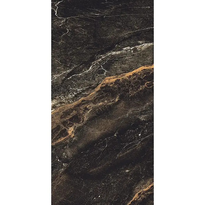 Feinsteinzeugfliese LYTHOS BLACK – 60 x 120 cm, Marmoroptik, Brillant -  - Dunkle schwarze Marmorplatte mit markanter weißer und goldbrauner Maserung, ideal für elegante Oberflächen.