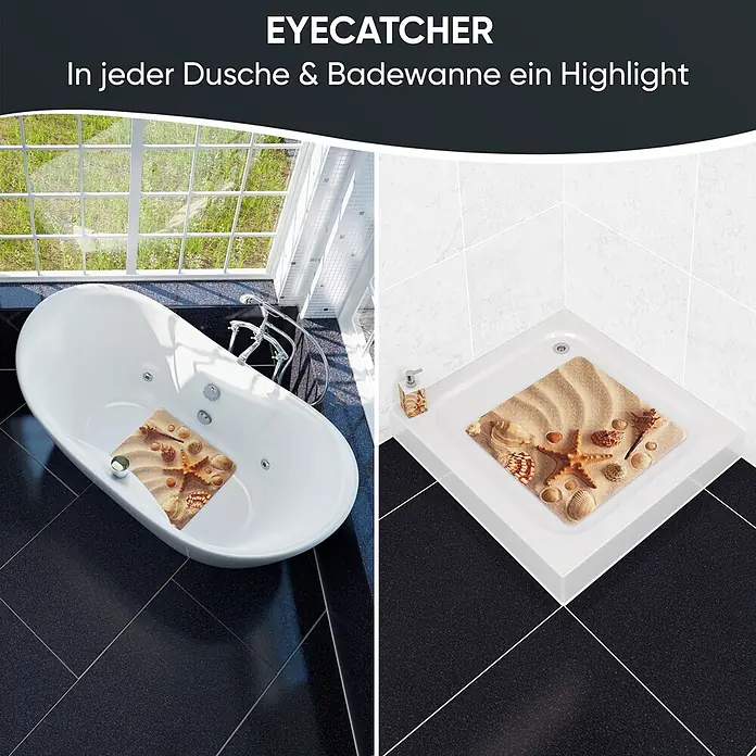 Badematte Sanibel -  - Zwei Ansichten einer rechteckigen Badematte mit Sand- und Muscheldesign, gezeigt in einer Badewanne und einer Duschwanne.