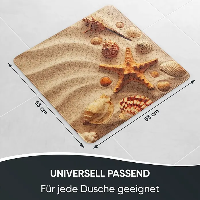 Badematte Sanibel -  - Quadratische Antirutsch-Badematte, 53x53 cm, mit Strandszene, Muscheln und Seesternen auf Fliesenboden.
