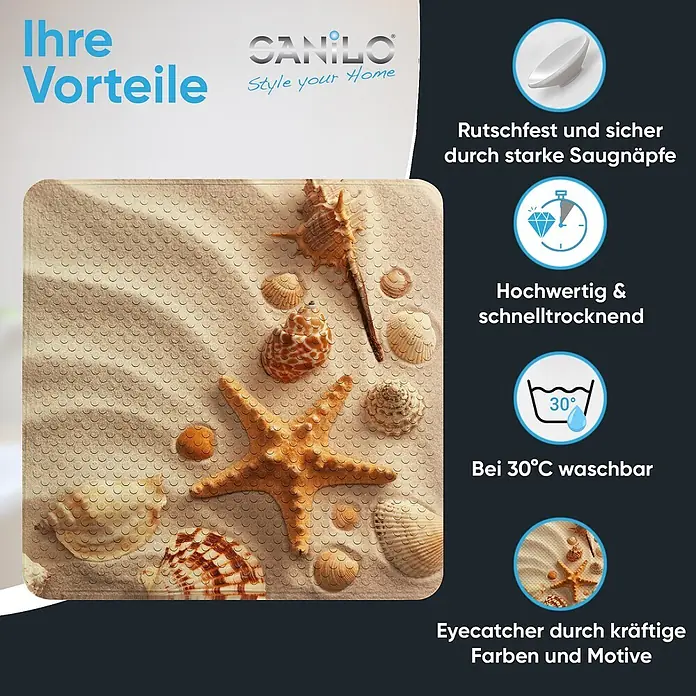 Badematte Sanibel -  - Rutschfeste Badewannenmatte mit Sand-, Muschel- und Seesternmotiv, waschbar und schnelltrocknend.