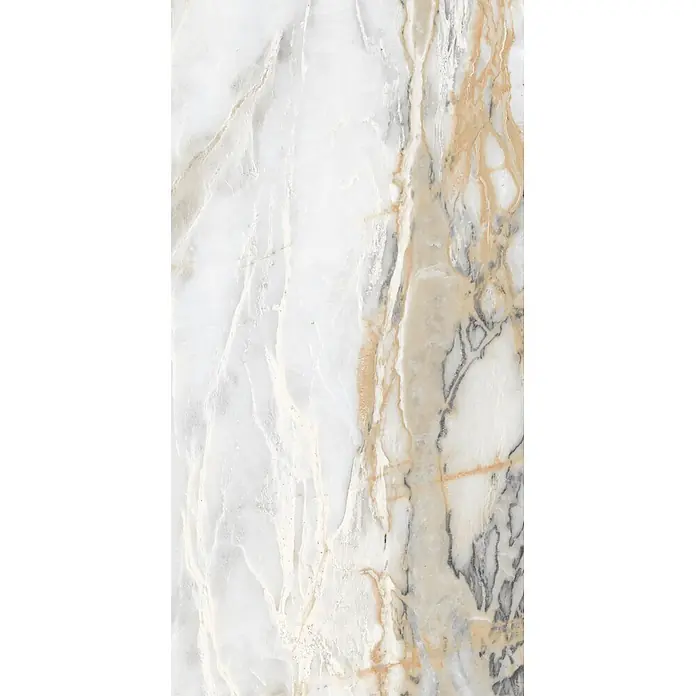 Feinsteinzeugfliese CHINA GOLD – 60 x 120 cm, Marmoroptik, Brillant -  - Weiße Marmorplatte mit eleganten cremefarbenen, braunen und grauen Naturadern, geeignet für luxuriöse Oberflächen.