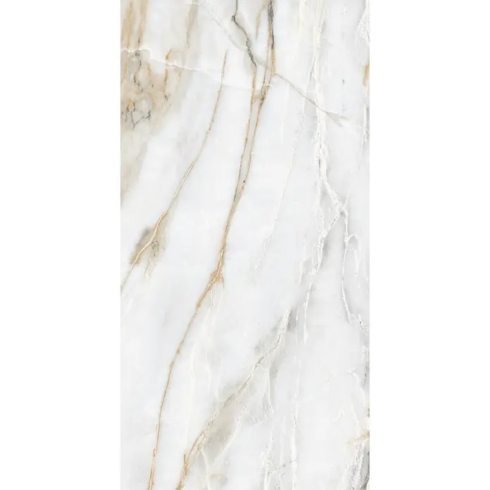 Feinsteinzeugfliese CHINA GOLD – 60 x 120 cm, Marmoroptik, Brillant -  - Weiße Marmorstruktur mit fließenden Gold- und grauen Adern, ideal für elegante Oberflächen.
