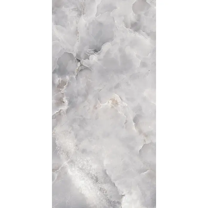 Feinsteinzeugfliese ONYX FLOW GRIS – 60 x 120 cm, Onyxoptik, Brillant -  - Polierte hellgraue Onyx- oder Marmorstruktur mit zarter weißer und durchscheinender Maserung.